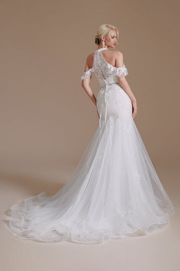 Robe de mariée Blanche Mermaid Halter Sweep Train avec dentelle